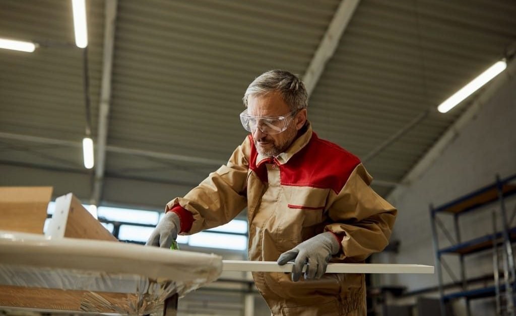 Widok z dołu na stolarza sprawdzającego wymiary podczas produkcji mebli w warsztacie. Fot. Drazen Zigic / Freepik. Wzrost czy spadek? Jednak spadek