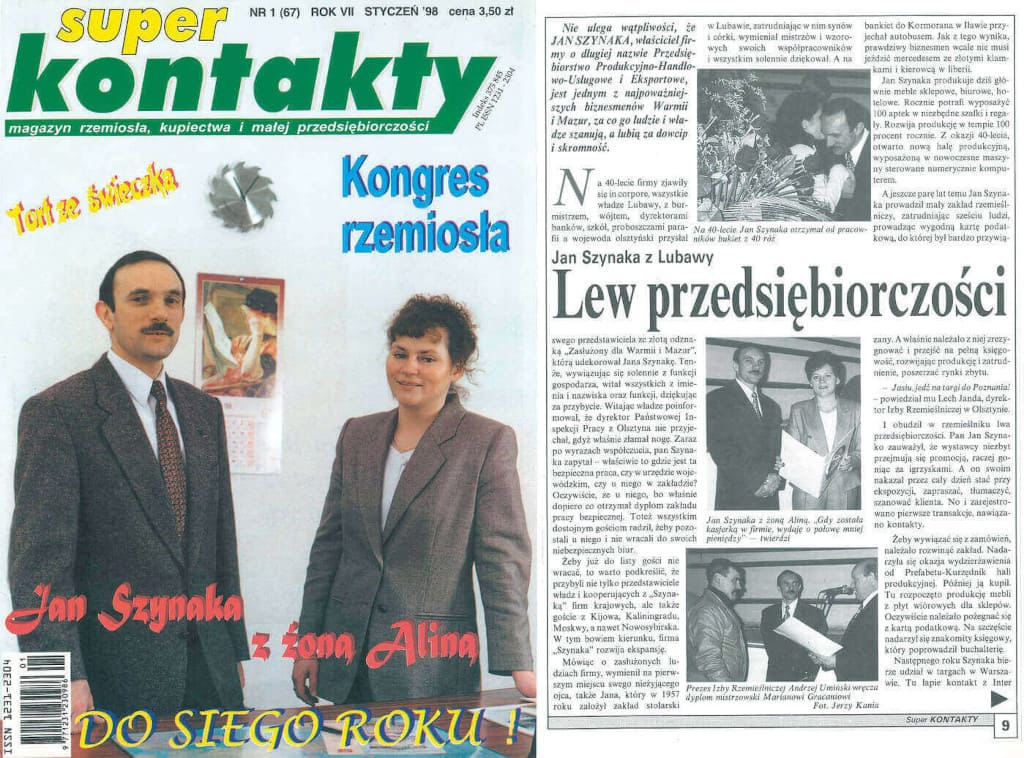 Artykuł „Lew Przedsiębiorczości” poświęcony Janowi Szynace opublikowany w magazynie rzemiosła, kupiectwa i małej przedsiębiorczości „Super Kontakty”, styczeń 1998 r.