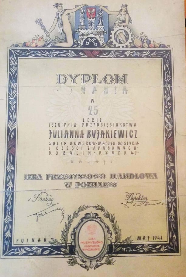 Dyplom uznania przyznany Juliannie Bujakiewicz, babci Piotra Voelkela, 1947 r.