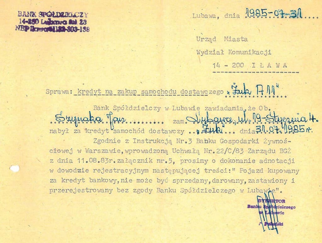 Informacja o nabyciu przez Jana Szynaka samochodu dostawczego marki żuk, 31 lipca 1985 r.