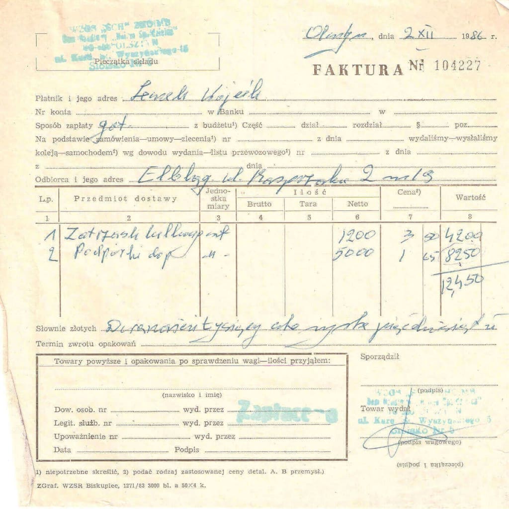 Jedna z pierwszych faktur zakupu akcesoriów przez stolarnię Leszka Wójcika, 2 grudnia 1986 r.