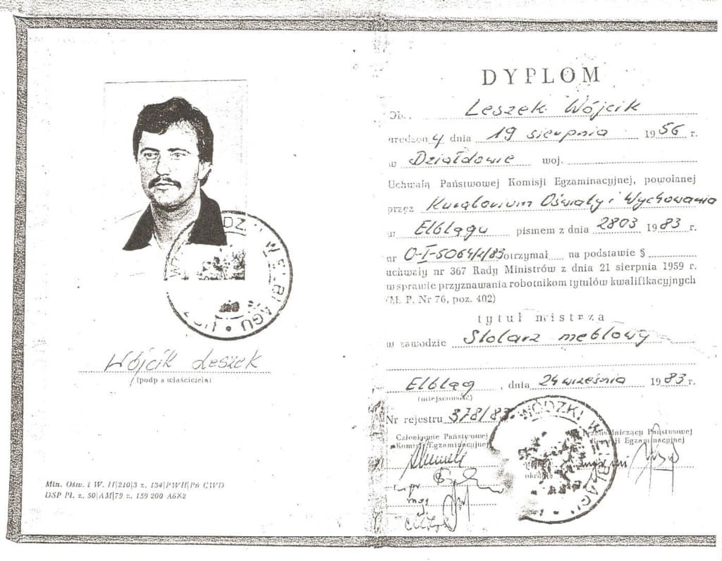 Dyplom potwierdzający uzyskanie przez Leszka Wójcika tytułu mistrza w zawodzie: stolarz meblowy, 1983 r.