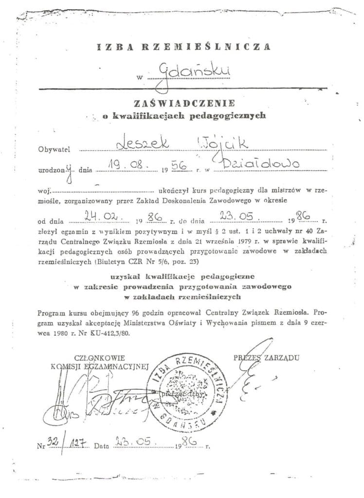 Leszek Wójcik: zaświadczenie o kwalifikacjach pedagogicznych, 23 maja 1986 r.