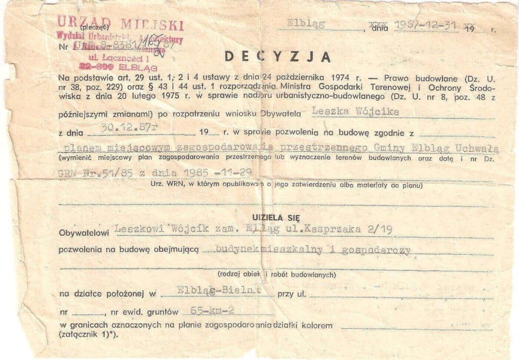Pozwolenie na budowę wydane dla Leszka Wójcika, 31 grudnia 1987 r.