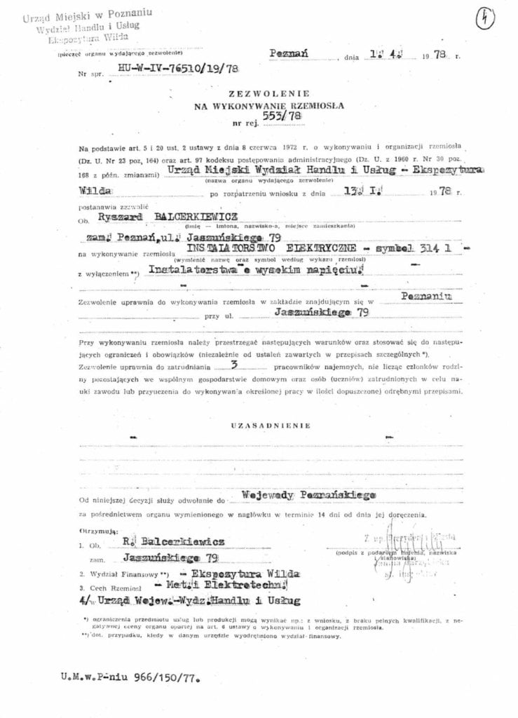 Zezwolenie na wykonywanie rzemiosła wydane przez Wydział Handlu i Usług Urzędu Miejskiego w Poznaniu Ekspozytura Wilda, 1 kwietnia 1978 r.