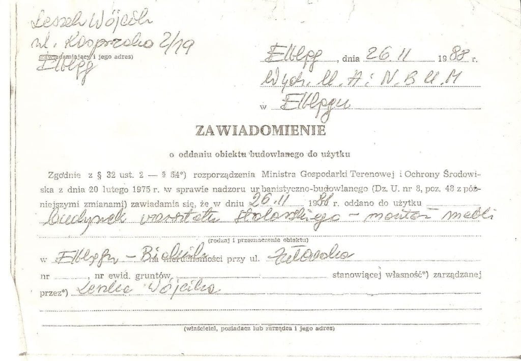 Zawiadomienie o oddaniu przez Leszka Wójcika budynku budowlanego do użytku, 26 listopada 1988 r.
