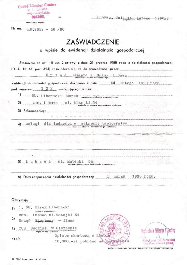 Pierwsze zaświadczenie o wpisie do ewidencji działalności gospodarczej, 14 lutego 1990 r.