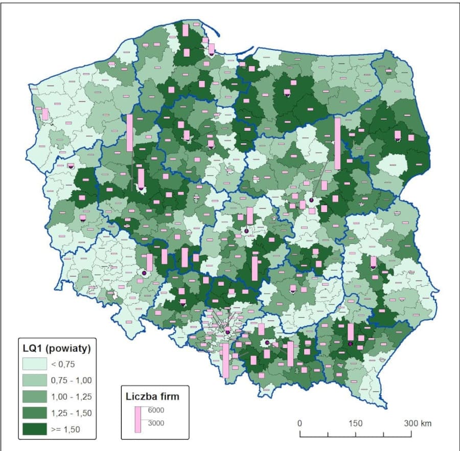 Koncentracje firm meblarskich w meblarstwie w powiatach w Polsce.