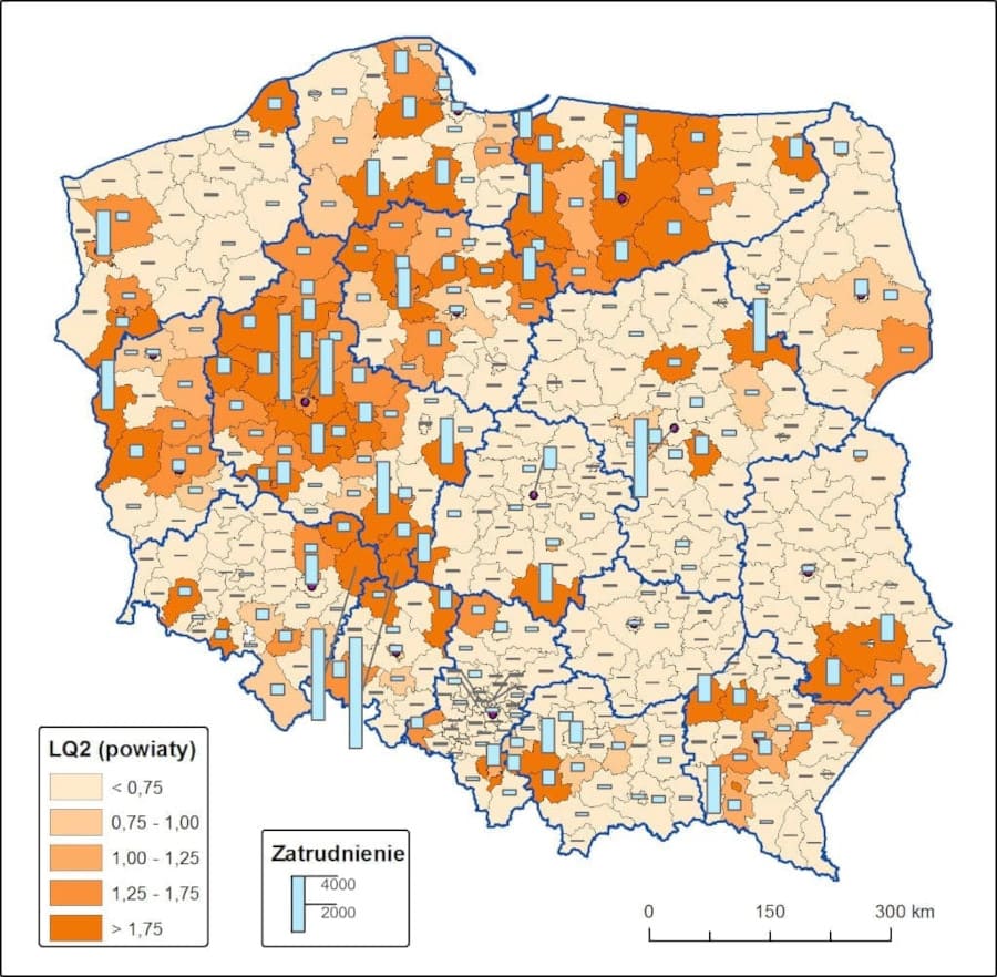 Koncentracje zatrudnienia w meblarstwie w powiatach w Polsce.
