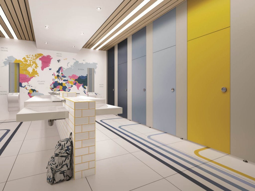 Kolekcja Formica Washroom firmy Formica idealnie nadaje się do szczególnie wymagających przestrzeni publicznych narażonych na wysoki poziom wilgotności.