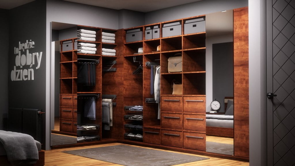 Dzięki ogromnej różnorodności elementów oferowanych przez firmę Nomet można zbudować własną, niepowtarzalną garderobę. System umożliwia dowolną konfigurację rozmieszczenia szuflad, wieszaków i półek.