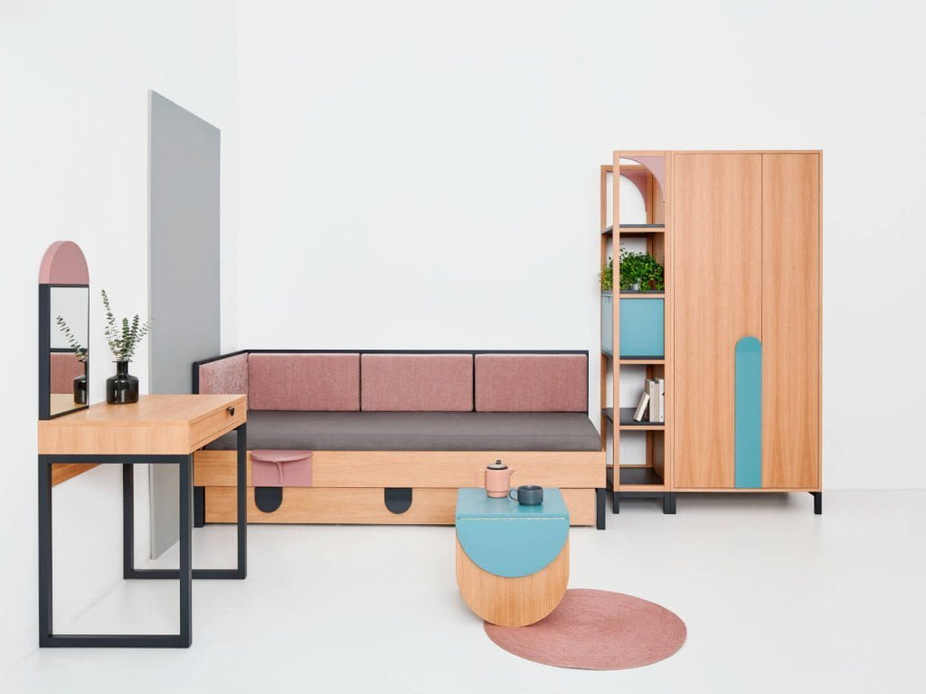 Projekt mebli Doroty Terleckiej skierowanych do mikroapartamentów MOD dla marki Microom, firmy Pagok-Meble.