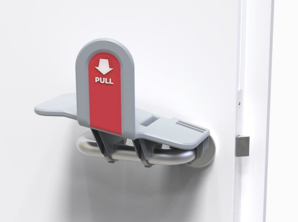 Nakładka umożliwiająca bezpieczne otwieranie drzwi bez konieczności dotykania klamki dłonią, zespół projektowy: Jan Buczek, Paweł Balcerzak, prod. Wadim Plast.