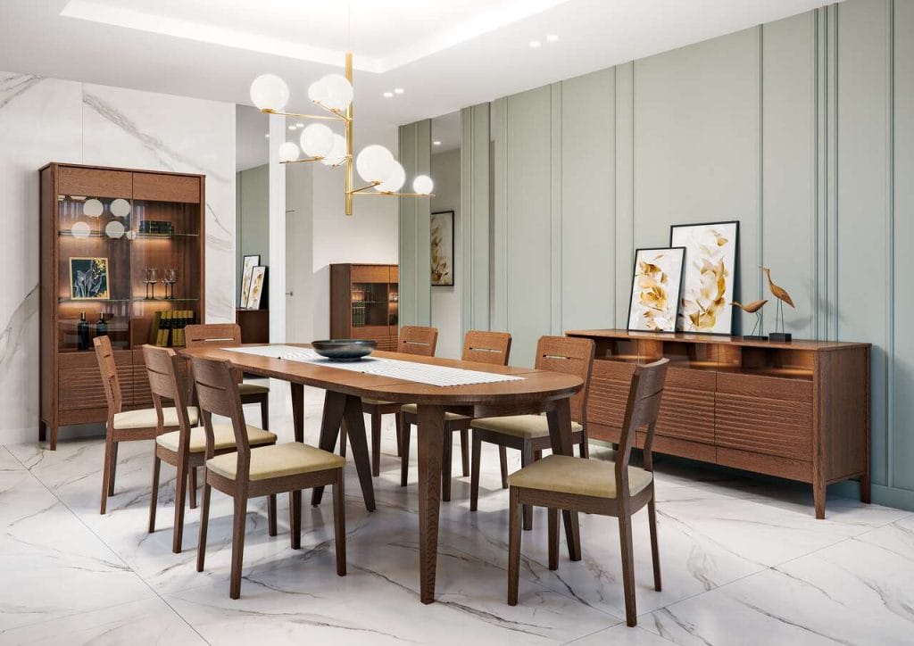 Nowa jadalnia TANGO od Mebin to elegancja inspirowana modernizmem. Meble do jadalni stylem nawiązują do najlepszych założeń modernizmu. Wyróżnia się ponadczasową elegancją, oszczędnymi zdobieniami, lekką formą, wysokiej klasy materiałami. Meble dostępne są w dwóch wybarwieniach: dąb rustic i złoty dąb, wpisującymi się w światowe trendy. Charakterystycznym elementem na frontach szafek jest poziome frezowanie, które tworzy trójwymiarowy efekt. Subtelne podświetlenie półek, umieszczonych za szkłem Antisol ładnie eksponuje detale dekoracyjne i usłojenie drewna oraz nadaje strefie dziennej przytulną atmosferę. W kolekcji są stoły, w tym rozsuwany, stoliki, krzesła, witryny, komody, szafki z barkami, półka wisząca, a także regały, szafki RTV oraz panele TV w wersjach maxi i mini.