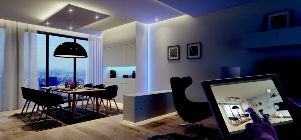 Hafele pokój dzienny, w którym oświetlenie sterowane jest z pomocą tabletu - miesięcznik i portal informacyjny branży meblarskiej biznes.meble.pl