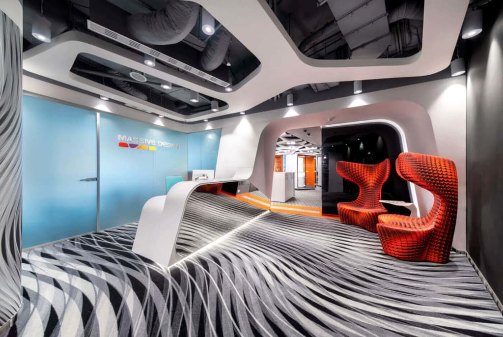 Recepcja biura Massive Design z fotelami „Drum” dla Cappellini.