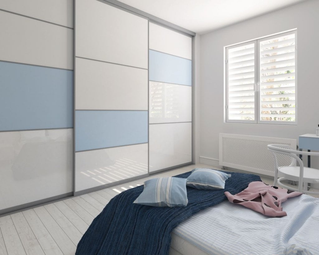 Colorimo, Mochnik - szkło lakierowane użyte w garderobie, kolor biały i niebieski - miesięcznik i portal informacyjny branży meblarskiej biznes.meble.pl