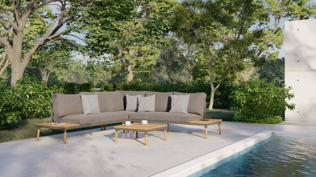 Design Link - zestaw mebli outdoorowych Porter w kolorze szarym ustawiony nad basenem, z tyłu zielone drzewa- miesięcznik i portal informacyjny branży meblarskiej biznes.meble.pl