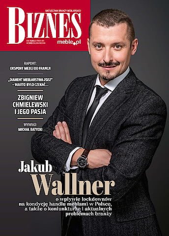 Okładka miesięcznika BIZNES.meble.pl styczeń 2022, Na okładce: Jakub Wallner, dyrektor Galerii Wnętrz DOMAR