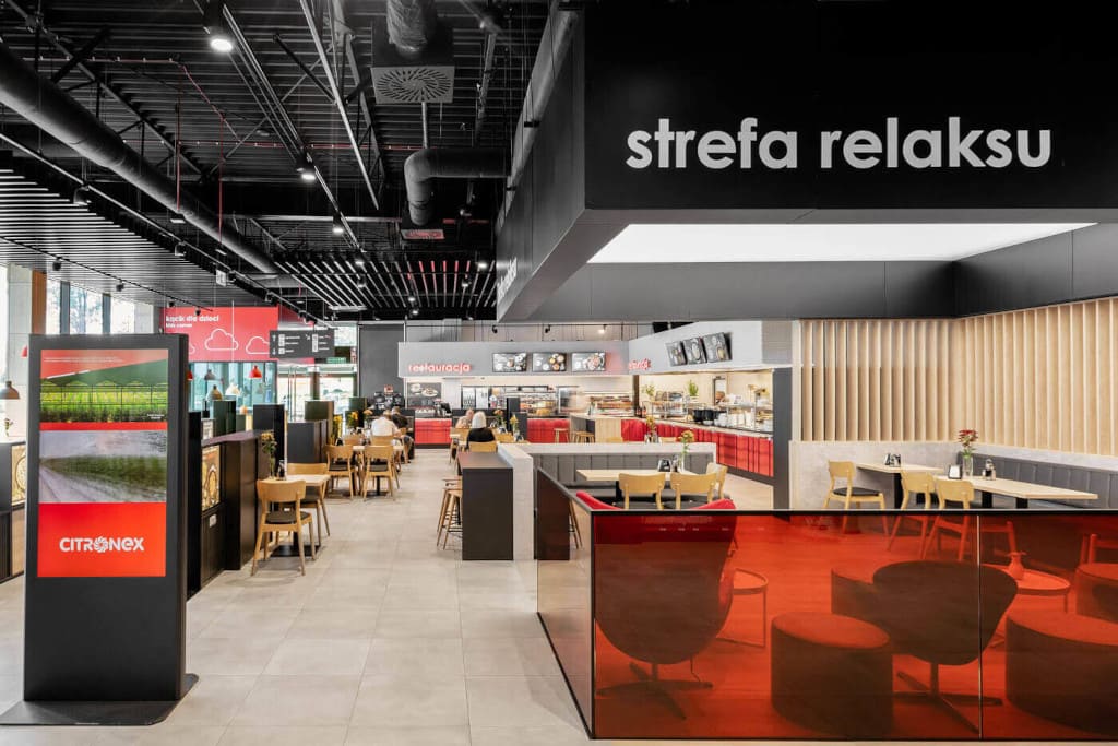 Realizacja projektu architektury wnętrz stacji benzynowej Citronex w Zgorzelcu (proj. Aleksandra Grzonka).