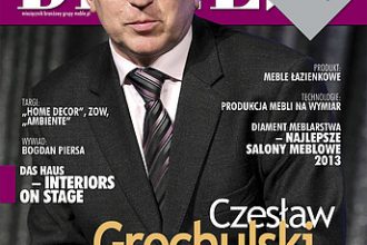 Okładka miesięcznika BIZNES.meble.pl - wydanie kwiecień 2013. Na okładce: Czesław Grochulski, prezes Zarządu firmy Enkev Polska