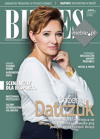 Okładka miesięcznika BIZNES.meble.pl - wydanie wrzesień 2018. Na okładce: Bożena Datczuk, prezes firmy Tobo.