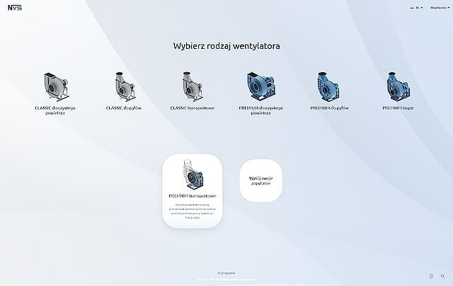 Aplikacja do samodzielnego doboru wentylatorów NVS: krok 1 – wybór wentylatora transportowego.