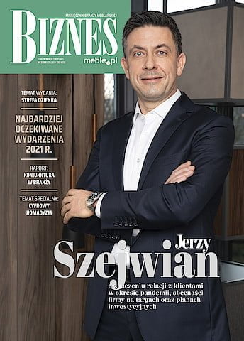 Okładka miesięcznika BIZNES.meble.pl - wydanie marzec 2021. Na okładce: Jerzy Szejwian, prezes Schattdecor Polska.