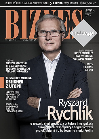 Okładka miesięcznika BIZNES.meble.pl - wydanie wrzesień 2015. Na okładce: Ryszard Rychlik, prezes Zarządu firmy Profim