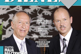 Okładka miesięcznika BIZNES.meble.pl - wydanie listopad 2012. Na okładce: Wojciech Gieburowski, były prezes zarządu i Wiesław Kalinowski, nowy dyrektor handlowy KMK Kolekcja Mebli