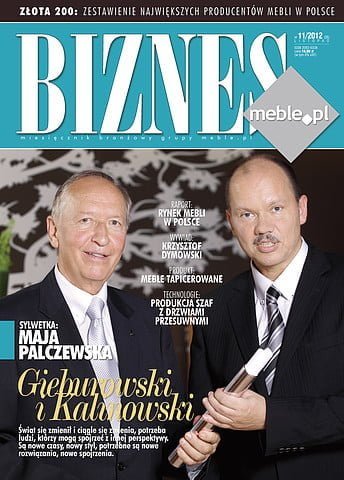 Okładka miesięcznika BIZNES.meble.pl - wydanie listopad 2012. Na okładce: Wojciech Gieburowski, były prezes zarządu i Wiesław Kalinowski, nowy dyrektor handlowy KMK Kolekcja Mebli