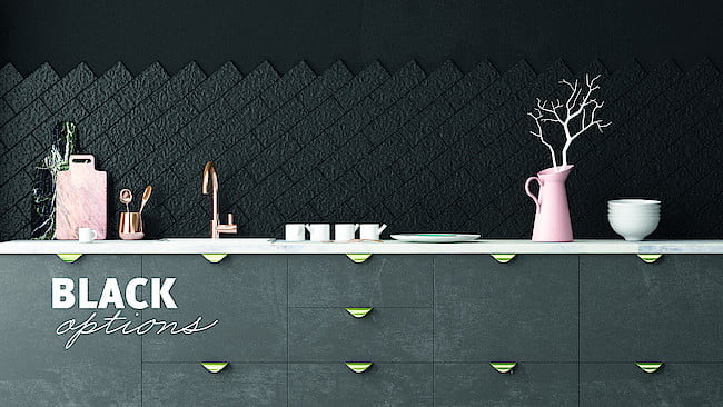 Czarna kuchnia z wykorzystaniem Egger Fellwood