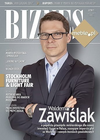Okładka miesięcznika BIZNES.meble.pl marzec 2017. Na okładce: Waldemar Zawiślak, kierownik sprzedaży firmy Egger na rynek polski.