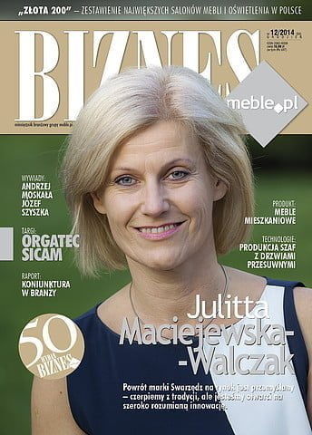Okładka miesięcznika BIZNES.meble.pl - wydanie grudzień 2014. Na okładce: Julitta Maciejewska-Walczak, prezes firmy Swarzędz Home