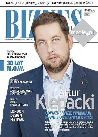 Okładka miesięcznika BIZNES.meble.pl - wydanie listopad 2014. Na okładce: Artur Klepacki, prezes Zarządu firmy Szkło