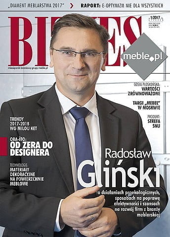 Okładka miesięcznika BIZNES.meble.pl - wydanie styczeń 2017. Na okładce: Radosław Gliński, dyrektor / prokurent w firmie NESTRO OLESNO Sp. z o.o. Fot. Tomasz Markowski.