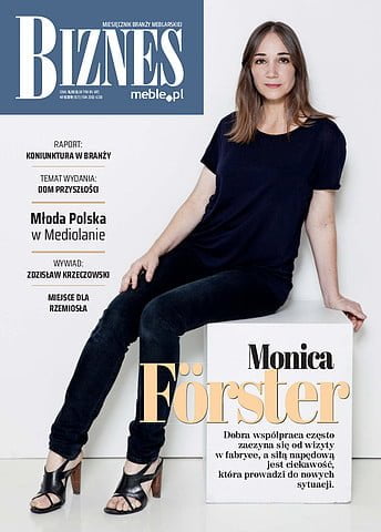 Okładka miesięcznika BIZNES.meble.pl wrzesień 2019,Na okładce: Monica Förster. Fot. Camilla Lindqvist