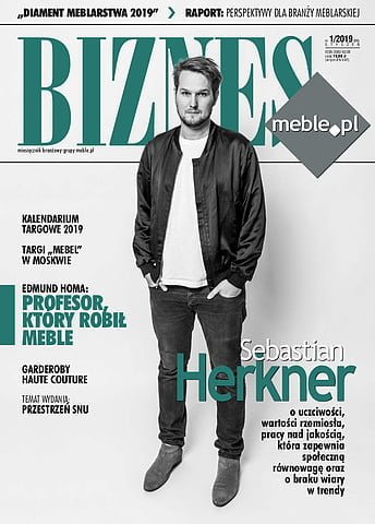Okładka miesięcznika BIZNES.meble.pl - wydanie styczeń 2019. Na okładce: Sebastian Herkner, projektant. Fot. Lutz Sternstein.