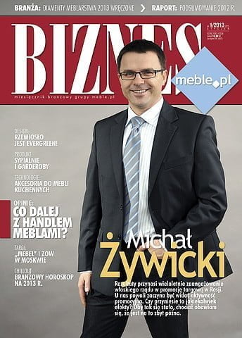 Okładka miesięcznika BIZNES.meble.pl - wydanie styczeń 2013. Na okładce: Michał Żywicki, prezes zarządu firmy Bogatti