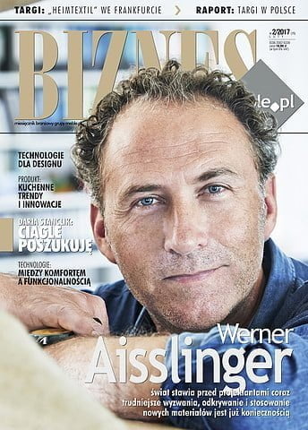 Okładka miesięcznika BIZNES.meble.pl luty 2017. Na okładce: Werner Aisslinger, niemiecki projektant, fot. Steffen Jaenicke.