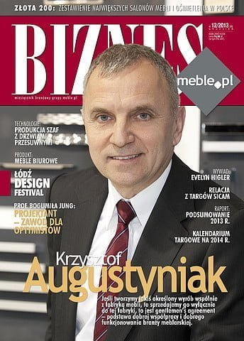 Okładka miesięcznika BIZNES.meble.pl - wydanie grudzień 2013. Na okładce: Krzysztof Augustyniak, prezes Schwinn Polska