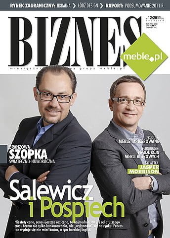 Okładka miesięcznika BIZNES.meble.pl - wydanie grudzień 2011. Na okładce: Tomasz Salewicz i Rafael Pospiech, Döllken Polska. Fot. Anna Urbanek