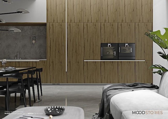 Salon w stylu nowoczesnym z wykorzystaniem Pfleiderer Mood Stories