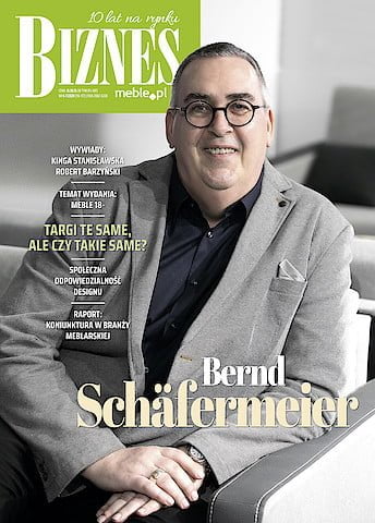 Okładka miesięcznika BIZNES.meble.pl - wydanie czerwiec-lipiec 2020. Na okładce: Bernd Schäfermeier, dyrektor zarządzający targów M.O.W. Fot. Tomasz Markowski.