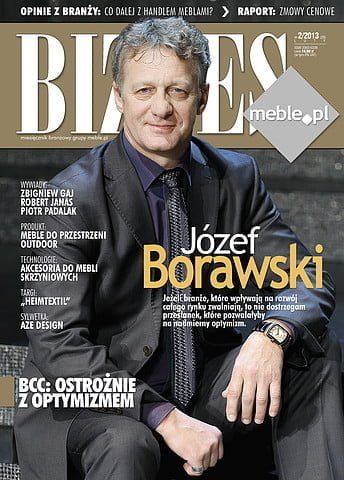Okładka miesięcznika BIZNES.meble.pl - wydanie luty 2013. Na okładce: Józef Borawski, prezes firmy Paged Meble