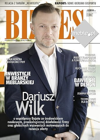 Okładka miesięcznika BIZNES.meble.pl - wydanie luty 2018. Na okładce: Dariusz Wilk, prezes Zarządu firmy Bejot.