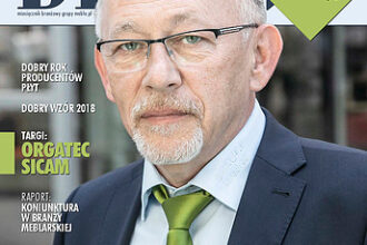 Okładka miesięcznika BIZNES.meble.pl - wydanie grudzień 2018. Na okładce: Leszek Klimaszewski, dyrektor sprzedaży Alfa Klebstoffe na Polskę. Fot. Tomasz Markowski