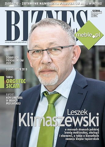 Okładka miesięcznika BIZNES.meble.pl - wydanie grudzień 2018. Na okładce: Leszek Klimaszewski, dyrektor sprzedaży Alfa Klebstoffe na Polskę. Fot. Tomasz Markowski