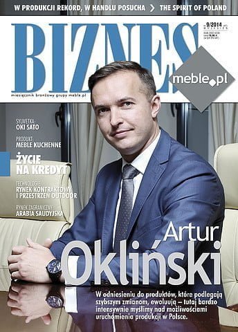 Okładka miesięcznika BIZNES.meble.pl - wydanie wrzesień 2014. Na okładce: Artur Okliński, GTV Sp. z o.o. S.K.A.