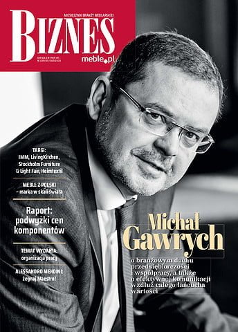 Okładka miesięcznika BIZNES.meble.pl - wydanie marzec 2019. Na okładce: Michał Gawrych, managing director Impress Decor Polska. Fot. Tomasz Markowski.